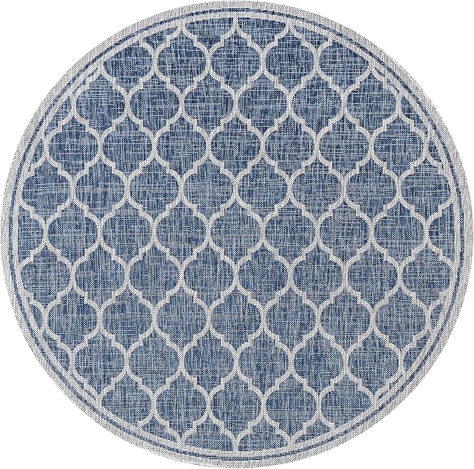 Eyely BMS109D-3R Santa Monica Trebol Moroccan Trellis Textured Weave, Pet Friendly, Non-Shedding, Stain Resistant, Easy-Cleaning, Navy/Gray, 3' Round, Indoor/Outdoor, Area Rug