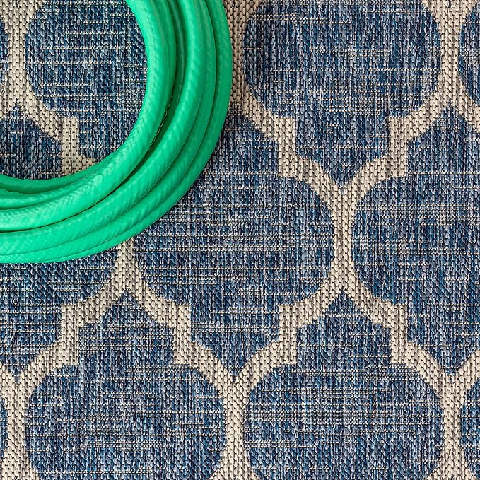 Eyely BMS109D-28 Santa Monica Trebol Moroccan Trellis Textured Weave Indoor/Outdoor Runner Rug Coastal;Bohemian, Bedroom, Backyard, Patio, Easy-Cleaning, Non-Shedding, 2 X 8, Navy/Gray