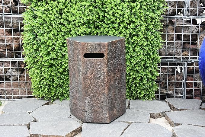 AMS Fireplace | Elementi 20lb Propane Tank Cover (Columbia Style) | High-Performance Cast Concrete, Brown Color, Hexagon Shape, Size - 18.5" x 15" x 24.4" inches | Suited for 20 lb Propane Tank
