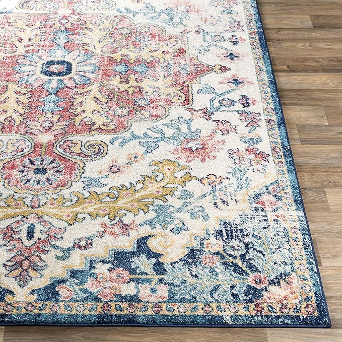 Livabliss Area Rugs - 5x7 Odelia Vintage Boho Aqua Burgandy Blue Area Rug for Living Room Bedroom - Floral Medallion Stain Resistant Carpet for Kitchen, Nursery, Office (5'3" x 7'3")