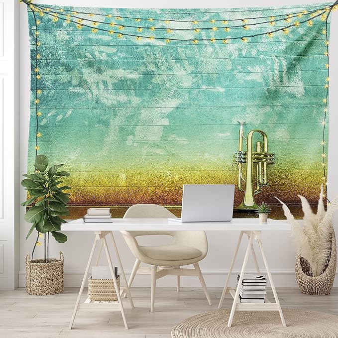 Ambesonne Music Tapestry King Size, Old Aged Worn Single Trumpet Stands Alone Against a Faded Wall Jazz Theme Photo, Wall Hanging Bedspread Bed Cover Wall Decor, 104" X 88", Teal Brown