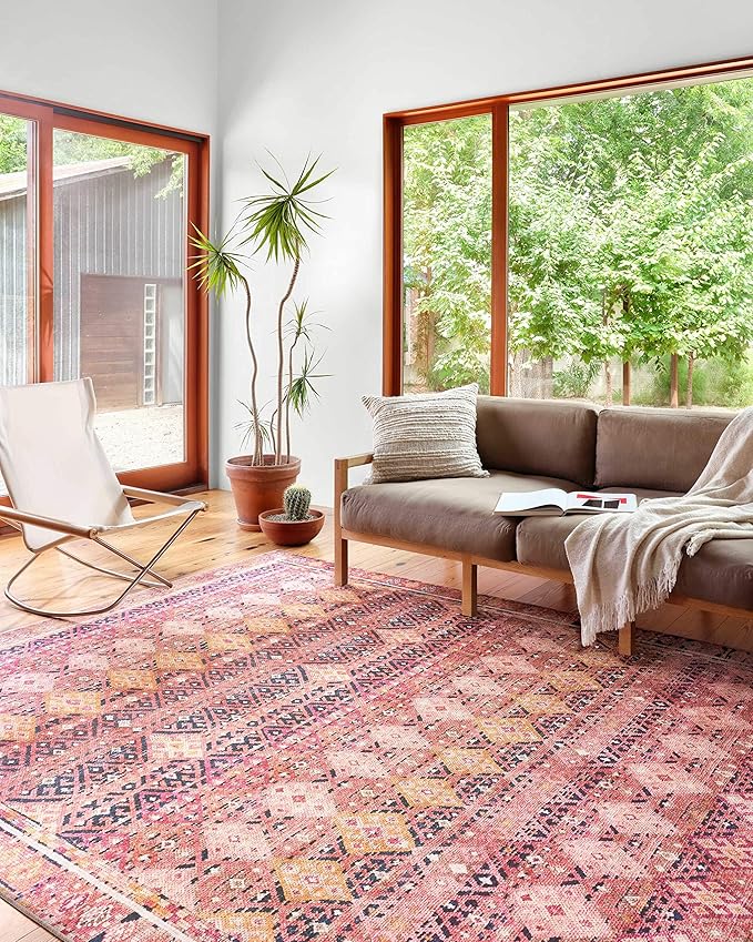 Loloi Layla Collection LAY-15 Magenta/Multi 9'-0" x 12'-0" .13" Thick Area Rug, Soft, Durable, Vintage Inspired, Distressed, Low Pile, Non-Shedding, Easy Clean, Printed, Living Room Rug