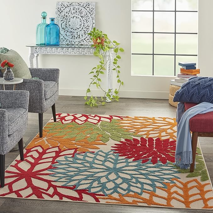 Nourison Home Aloha Indoor/Outdoor Green 3'6" x 5'6" Area Rug, Tropical, Botanical, Easy Clean, Non Shedding, Bed Room, Living Room, Dining Room, Deck, Backyard, Patio (3x5)