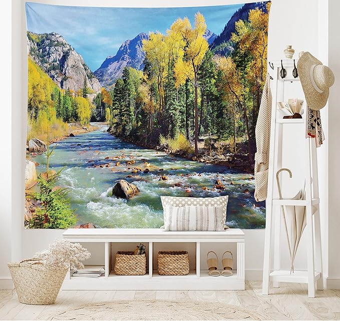 Ambesonne Landscape Tapestry, Mountains of Colorado with Forest and River Summer Foliage Idyllic Photo, Wide Wall Hanging for Bedroom Living Room Dorm, 60" X 40", Sage Green