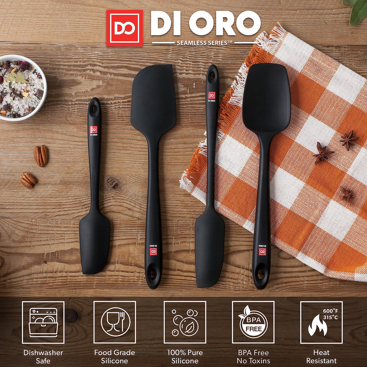 DI ORO Silicone Spatula Set - 600F Heat Resistant, 4-Pc Black