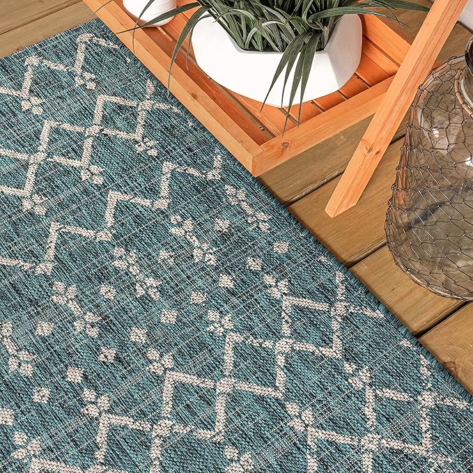 JONATHAN Y SMB108C-8R Ourika Moroccan Geometric Textured Weave Teal/Gray 8' Round Indoor/Outdoor Area Rug, Pet Friendly, Non-Shedding, Stain Resistant, Easy-Cleaning for Backyard, Patio, Porch