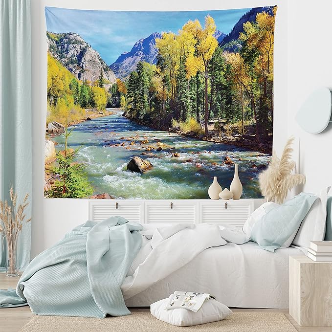 Ambesonne Landscape Tapestry, Mountains of Colorado with Forest and River Summer Foliage Idyllic Photo, Wide Wall Hanging for Bedroom Living Room Dorm, 60" X 40", Sage Green