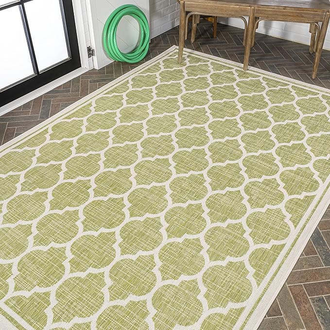 Eyely BMS109G-5 Santa Monica Trebol Moroccan Trellis Textured Weave Indoor/Outdoor Area Rug Coastal;Bohemian, Bedroom, Backyard, Patio, Easy-Cleaning, Non-Shedding, 5 X 8, Green/Cream