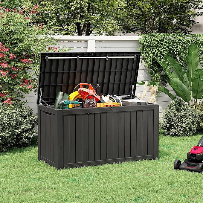 150 Gallon Resin Deck Boxes Waterproof, Outdoor Storage Box Lockable Lid for Delivery Box, Indoor, Garden Tools, Pool Supplies, Patio, Black