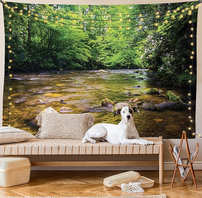 Ambesonne Appalachian Tapestry, Oconaluftee River at Smoky Mountains National Park, Fabric Wall Hanging Decor for Bedroom Living Room Dorm, 28" X 23", Lime Green Charcoal Grey