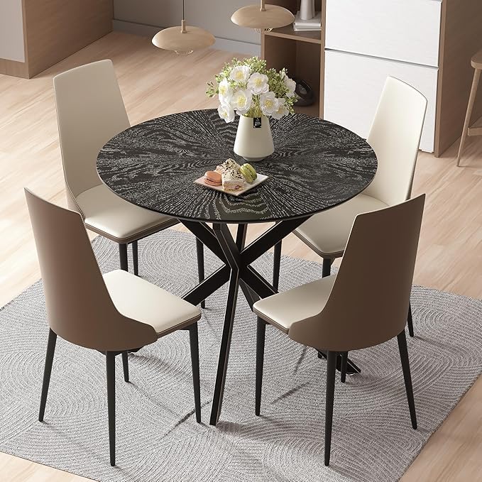 VFK 5-Pieces Dining Table Set for 4,36 inch Small Kitchen Table and Chairs Set Modern Metal Cross Base Dinner Table with 4 Cushioned Seat Round Coffee Table for Kitchen and Living Room