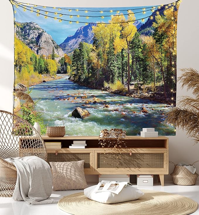 Ambesonne Landscape Tapestry, Mountains of Colorado with Forest and River Summer Foliage Idyllic Photo, Wide Wall Hanging for Bedroom Living Room Dorm, 60" X 40", Sage Green