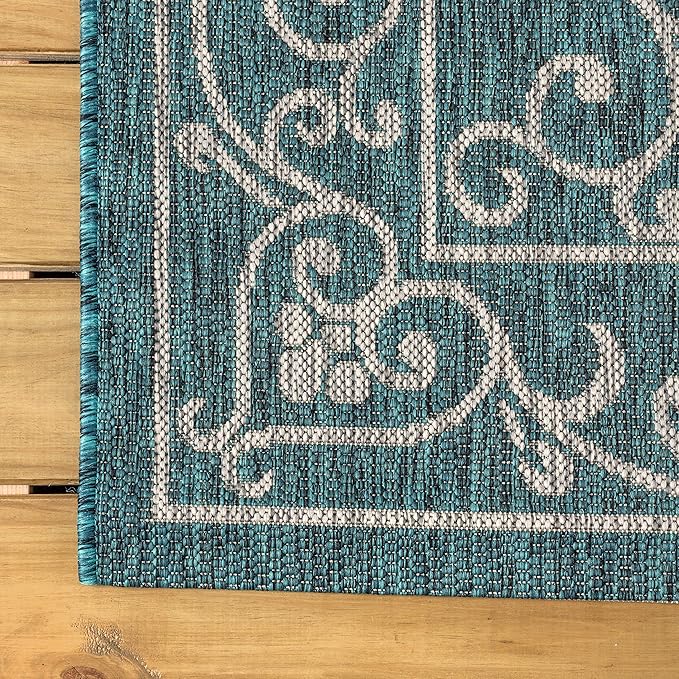 JONATHAN Y SMB106F-8R Charleston Vintage Filigree Textured Weave Teal/Gray 8' Round Indoor/Outdoor Area Rug, Pet Friendly, Non-Shedding, Stain Resistant, Easy-Cleaning for Backyard, Patio, Porch