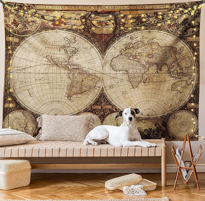 Ambesonne World Map Tapestry King Size, Old World Map Drawn in 1720s Nostalgic Style Art Historical Atlas Vintage Design, Wall Hanging Bedspread Bed Cover Wall Decor, 30" X 45", Multicolor