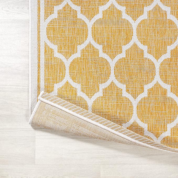 Eyely BMS109F-28 Santa Monica Trebol Moroccan Trellis Textured Weave Indoor/Outdoor Runner Rug Coastal;Bohemian, Bedroom, Backyard, Patio, Easy-Cleaning, Non-Shedding, 2 X 8, Yellow/Cream