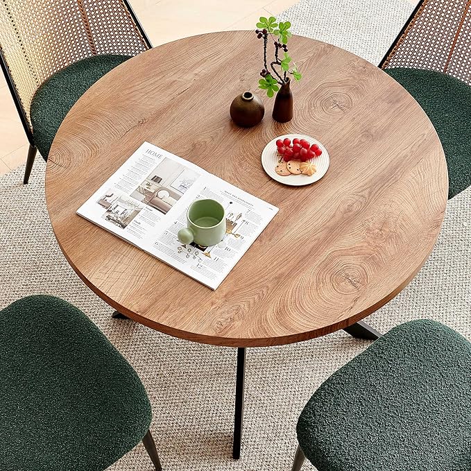 NORDICANA Dining Table Set for 4, Wooden Round Table and Wicker Chairs, 5-Piece Modern Kitchen Dinette Set for Breakfast Nook, Green Boucle Seat