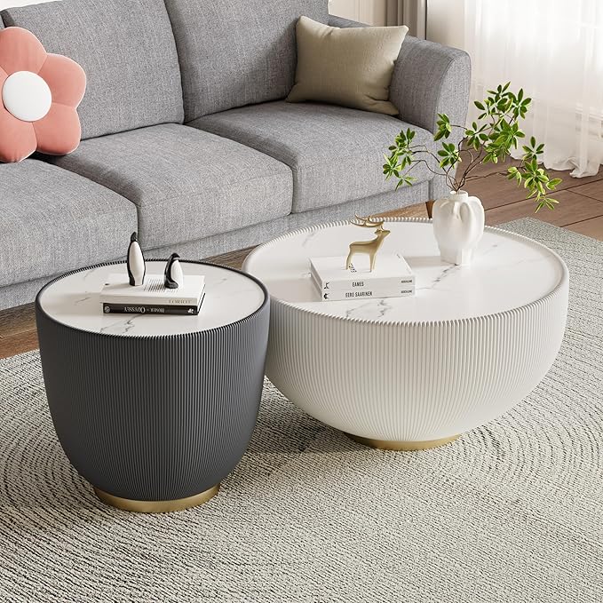 Round Coffee Table Set with Sintered Stone Tabletop, 27.56" White Drum Center Table and 19.69" Grey Coffee Table Set, 2 Pieces Living Room Table Set with Fluted PU Leather Cover& Metal Base