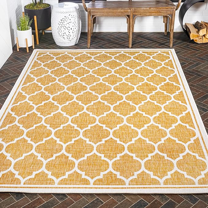 Eyely BMS109F-3 Santa Monica Trebol Moroccan Trellis Textured Weave Indoor/Outdoor Area Rug Coastal;Bohemian, Bedroom, Backyard, Patio, Easy-Cleaning, Non-Shedding, 3 X 5, Yellow/Cream
