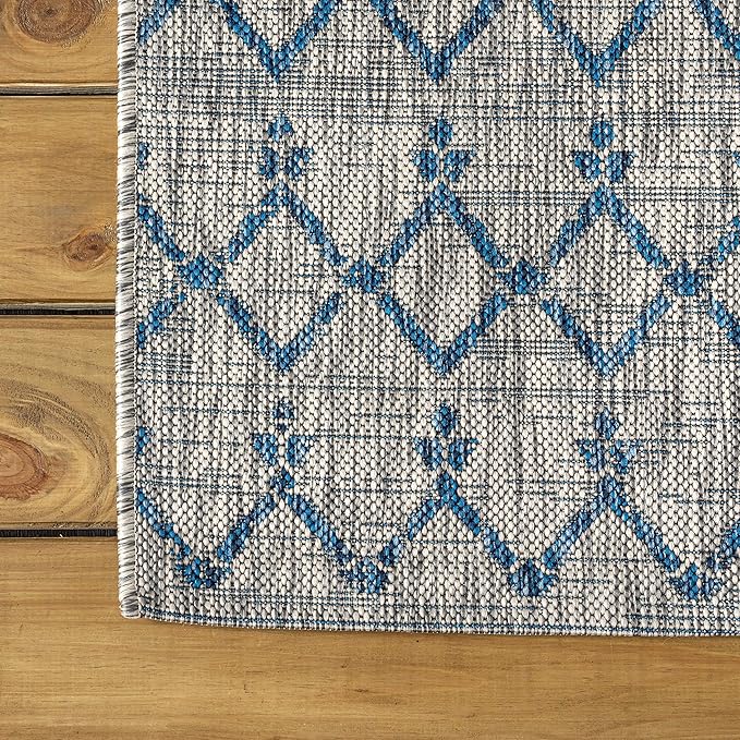 JONATHAN Y SMB108A-5R Ourika Moroccan Geometric Textured Weave Indoor Outdoor Area Rug, Bohemian, Rustic, Scandinavian Easy Clean,Bedroom,Kitchen,Backyard,Patio, Non-Shed, Light Gray/Navy, 5' Round