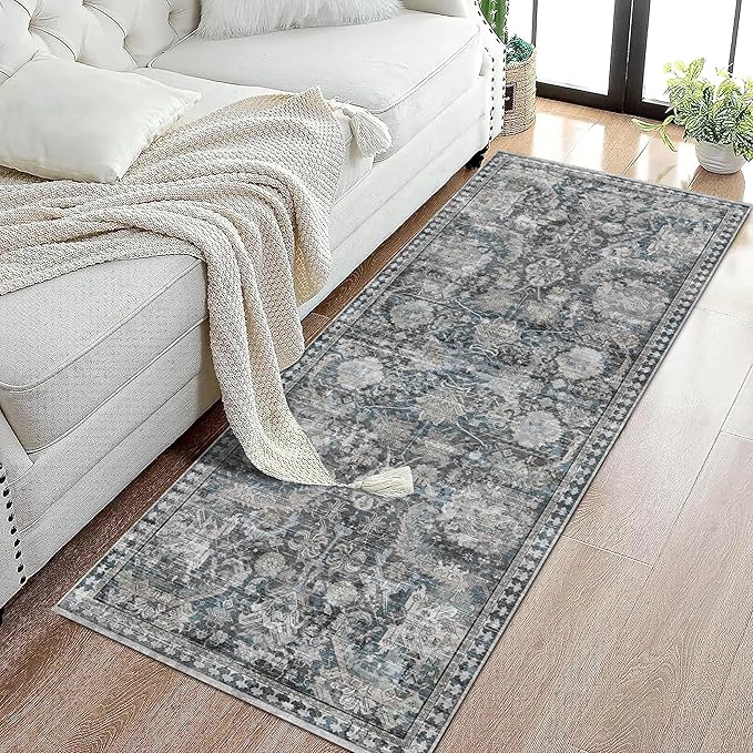 RUGSURE Washable Area Rugs - Perfect for Living Room, Bedroom, Kids Room, Nursery - Stain & Water Resistant Non-Slip, Pet & Child Friendly, Vintage Tribal Area Rugs (Grey and Bule, 2'6'' x 8')