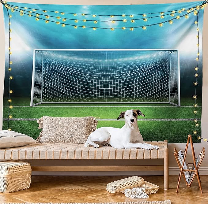 Ambesonne Soccer Tapestry, Soccer Goal Post Sports Area Winner Loser Line Floodlit Best Team Finals Game Theme, Fabric Wall Hanging Decor for Bedroom Living Room Dorm, 23" X 28", Green and Blue