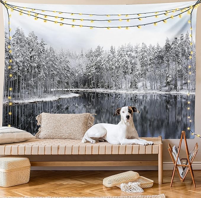 Ambesonne Woodland Tapestry, Lake Surrounded by Snow Covered Trees on a Cold Winter Day in Finland Reflections, Fabric Wall Hanging Decor for Bedroom Living Room Dorm, 23" X 28", White Brown