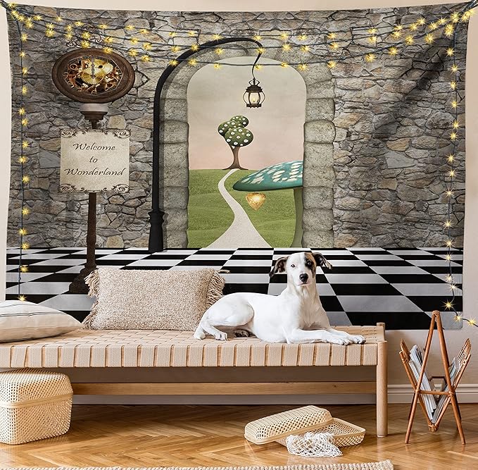 Ambesonne Alice in Wonderland Tapestry, Welcome Wonderland Black and White Floor Landscape Mushroom Lantern, Wide Wall Hanging for Bedroom Living Room Dorm, 80" X 60", Stone Black