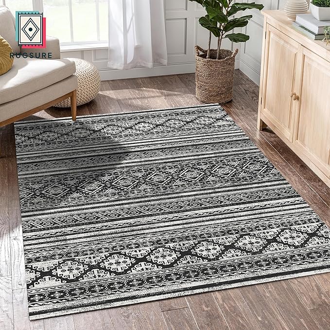 RUGSURE Washable Area Rugs 5' x 7' - 1/6 Thick - Moroccan-Inspired -Stain & Water Resistant Non-Slip - Resistant Rug for Living Room, Bedroom, Nursery, Pet & Child Friendly (Black)