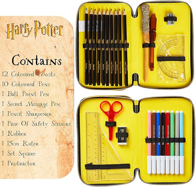 Harry Potter Gifts Pencil Case with Secret Light Wand Pen, Large Double Zip Organizer Filled with School Art Supplies for Kids, Boys and Girls (Black/Yellow)