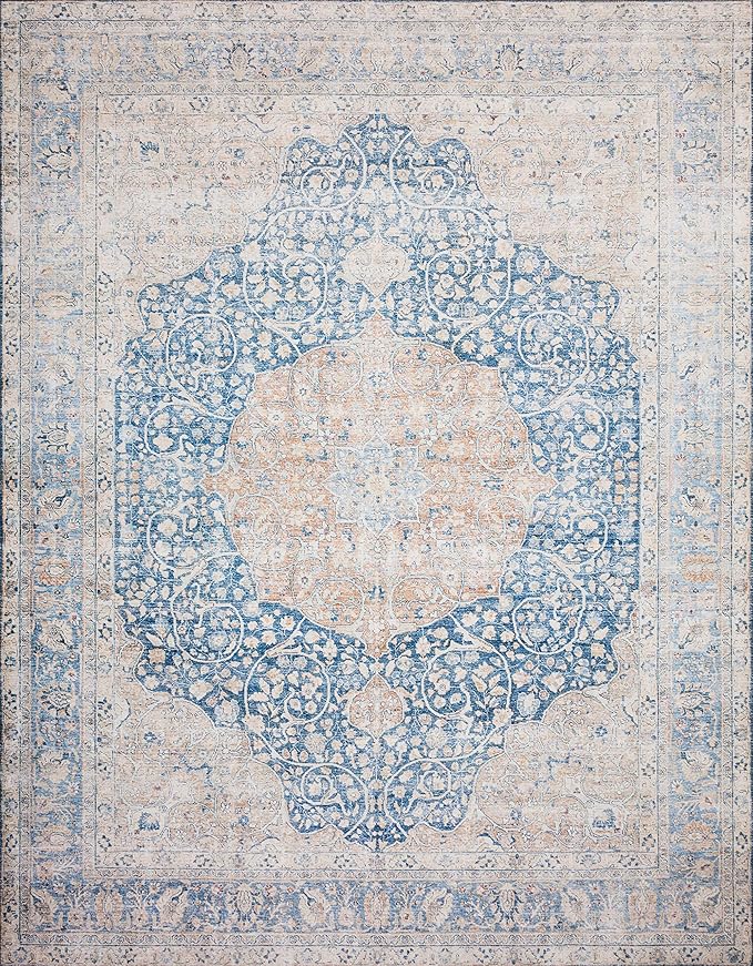 Loloi Layla Collection LAY-07 Blue/Tangerine 2'-6" x 12'-0" .13" Thick Runner Rug, Soft, Durable, Vintage Inspired, Distressed, Low Pile, Non-Shedding, Easy Clean, Printed, Living Room Rug