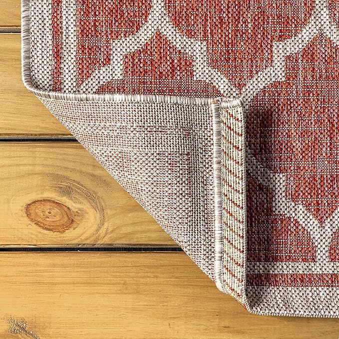 Eyely BMS109C-3SQ Santa Monica Trebol Moroccan Trellis Textured Weave, Pet Friendly, Non-Shedding, Stain Resistant, Easy-Cleaning, Red/Beige, 3' Square, Indoor/Outdoor, Area Rug