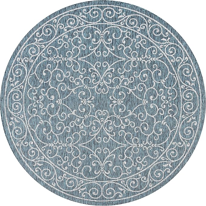 JONATHAN Y SMB106F-8R Charleston Vintage Filigree Textured Weave Teal/Gray 8' Round Indoor/Outdoor Area Rug, Pet Friendly, Non-Shedding, Stain Resistant, Easy-Cleaning for Backyard, Patio, Porch