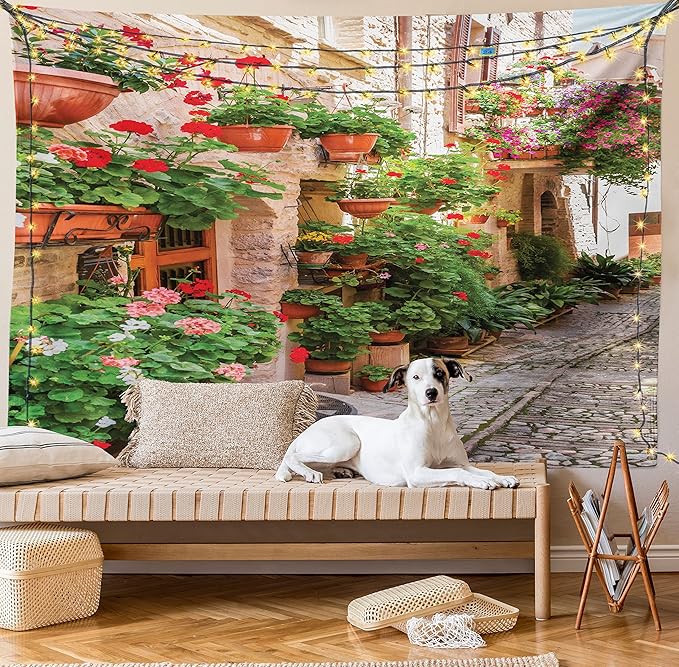 Ambesonne Italian Tapestry Queen Size, Street View of a Small Renaissance Town with Floral Porches and Rock Mediterranean, Wall Hanging Bedspread Bed Cover Wall Decor, 88" X 88", Pale Brown