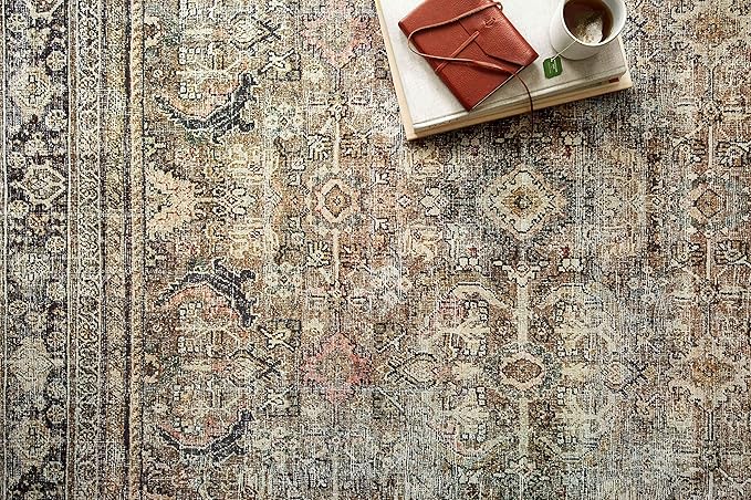 Loloi Layla Collection LAY-03 Olive/Charcoal 7'-6" x 9'-6" .13" Thick Area Rug, Soft, Durable, Vintage Inspired, Distressed, Low Pile, Non-Shedding, Easy Clean, Printed, Living Room Rug