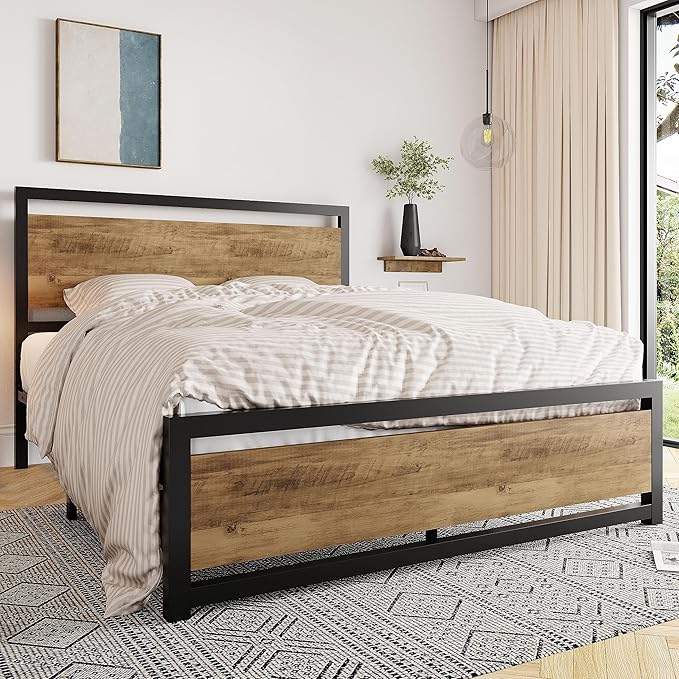 Allewie Full Bed Frame with Headboard, Heavy Duty Metal Platform Base with Strong Support, Underneath Storage Space, Stable Mattress Foundation, No Box Spring Needed, Brown