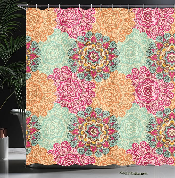 Ambesonne Mandala Shower Curtain, Antique Mandala Patterns Circles in Vintage Colors Native Tribal Ornamental, Cloth Fabric Bathroom Decor Set with Hooks, 75" Long, Fuchsia Orange