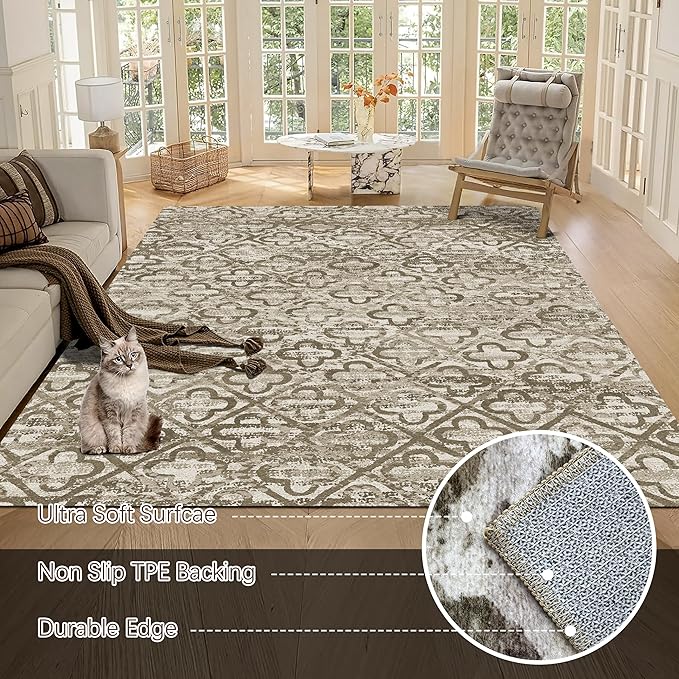 RUGSURE Washable Area Rugs, 5' x 7' - 1/6 Thick - Stain & Water Resistant Non-Slip - Perfect Resistant Rug for Living Room, Bedroom, Nursery, Pet & Child Friendly, Vibrant Colors Rugs, Brown