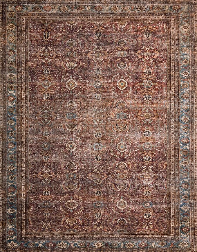 Loloi Layla Collection LAY-01 Brick/Blue 2'-3" x 3'-9" .13" Thick Accent Rug, Soft, Durable, Vintage Inspired, Distressed, Low Pile, Non-Shedding, Easy Clean, Printed, Living Room Rug