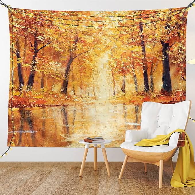 Ambesonne Country Tapestry King Size, Painting of a Forest by the Small Lake in Autumn Pale Fall Trees and Leaves Art, Wall Hanging Bedspread Bed Cover Wall Decor, 104" X 88", Brown Orange