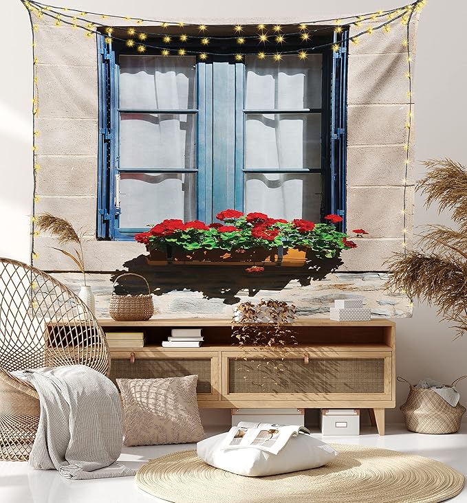 Ambesonne Country Tapestry, Mediterranean Style Window Open Shutters Image French Urban Life Theme Print, Fabric Wall Hanging Decor for Bedroom Living Room Dorm, 23" X 28", Blue Grey