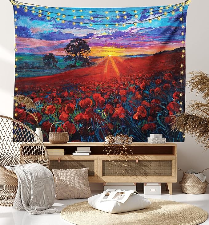 Ambesonne Country Tapestry King Size, Clouds at Sunset Paint Scenery of Poppy Flower Garden on Valley with Horizon, Wall Hanging Bedspread Bed Cover Wall Decor, 104" X 88", Burgundy Deep Sky Blue