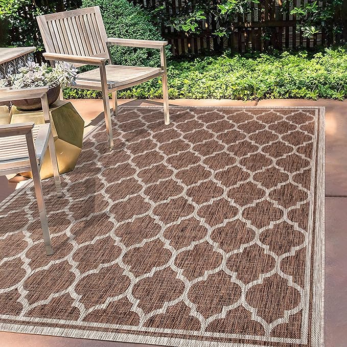Eyely BMS109B-6 Santa Monica Trebol Moroccan Trellis Textured Weave, Pet Friendly, Non-Shedding, Stain Resistant, Easy-Cleaning, Espresso/Taupe, 6 ft. x 9 ft., Indoor/Outdoor, Area Rug