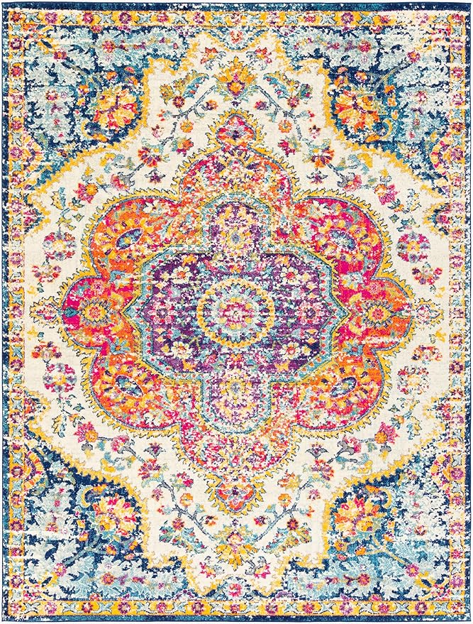 Livabliss Area Rugs - 8x10 Romaine Vintage Boho Fuchsia Mustard Blue Area Rug for Living Room Bedroom - Floral Medallion Stain Resistant Carpet for Kitchen, Nursery, Office (7'10" x 10'3")