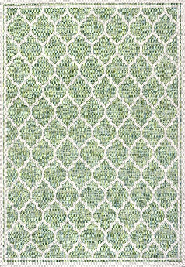 Eyely BMS109I-5 Santa Monica Trebol Moroccan Trellis Textured Weave Indoor/Outdoor Area Rug Coastal;Bohemian, Bedroom, Backyard, Patio, Easy-Cleaning, Non-Shedding, 5 X 8, Cream/Green
