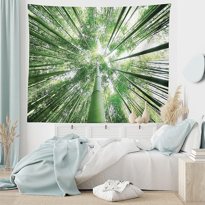 Ambesonne Forest Tapestry King Size, Tropical Rain Forest Tall Trees in Exotic Style Nature Theme Image Sky from Woodland, Wall Hanging Bedspread Bed Cover Wall Decor, 23" X 28", Green