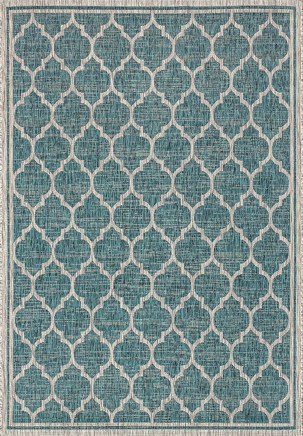 Eyely BMS109E-5 Santa Monica Trebol Moroccan Trellis Textured Weave Indoor/Outdoor Area Rug Coastal;Bohemian, Bedroom, Backyard, Patio, Easy-Cleaning, Non-Shedding, 5 X 8, Teal/Gray