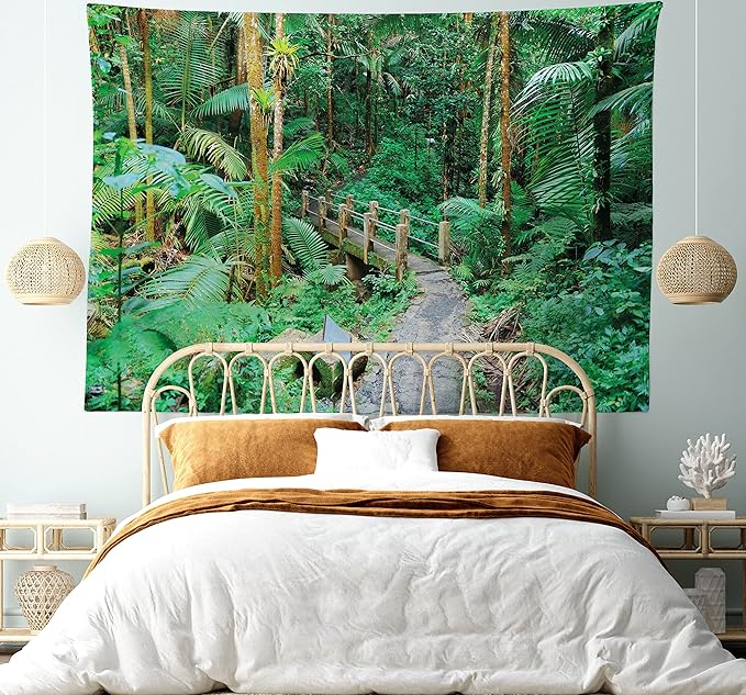 Ambesonne Puerto Rico Tapestry King Size, Tropical Rain Forest in San Juan Exotic Jungle Nature Photography, Wall Hanging Bedspread Bed Cover Wall Decor, 104" X 88", Green Pale Brown Ginger