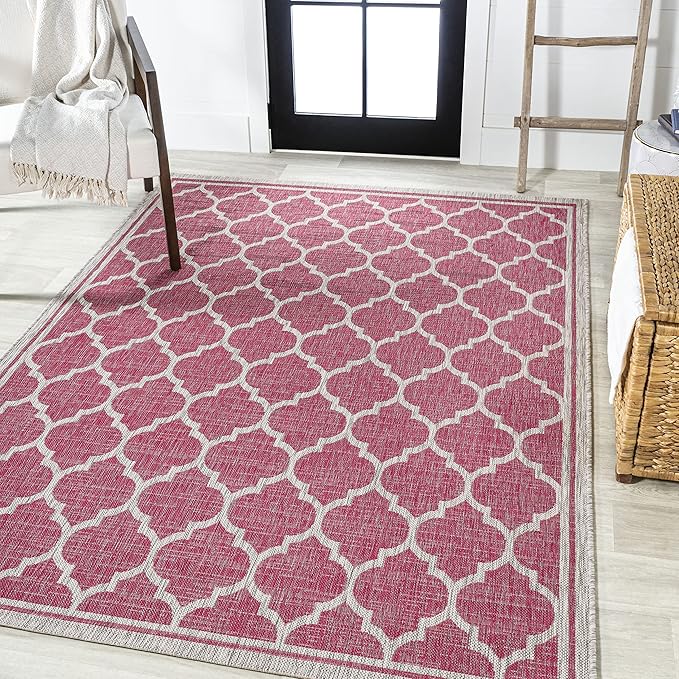 Eyely BMS109H-9 Santa Monica Trebol Moroccan Trellis Textured Weave Indoor/Outdoor Area Rug Coastal;Bohemian, Bedroom, Backyard, Patio, Easy-Cleaning, Non-Shedding, 9 X 12, Fuchsia/Light Gray