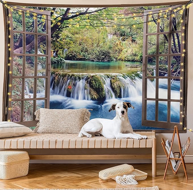 Ambesonne Waterfall Tapestry, Wide Waterfall Deep down in the Forest Seen from a City Window Epic Surreal Print, Fabric Wall Hanging Decor for Bedroom Living Room Dorm, 30" X 45", Brown Black