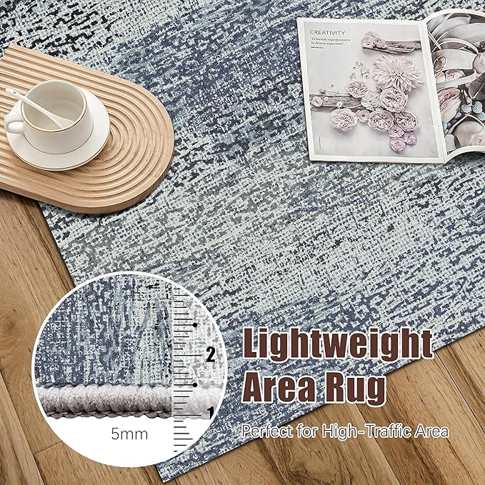 RUGSURE Washable Area Rug - 1/6 Thick - Stain & Water Resistant Non-Slip - Resistant Rug for Living Room, Bedroom, Nursery, Pet & Child Friendly, Vintage Charm Area Rugs (Grey+LightTeal, 9' x 12')